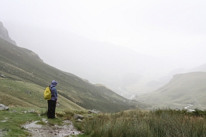 In the rain, at the emergency hut Ruthwaite Lodge