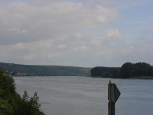 Einmal mehr der Rhein, im Hintergrund die Weinberge von Nierstein